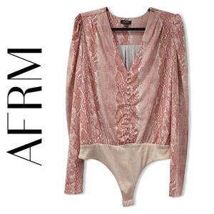 AFRM Long Sleeve V-Neck Blush Pink Snake Print Thong Bodysuit, Button Front, XL